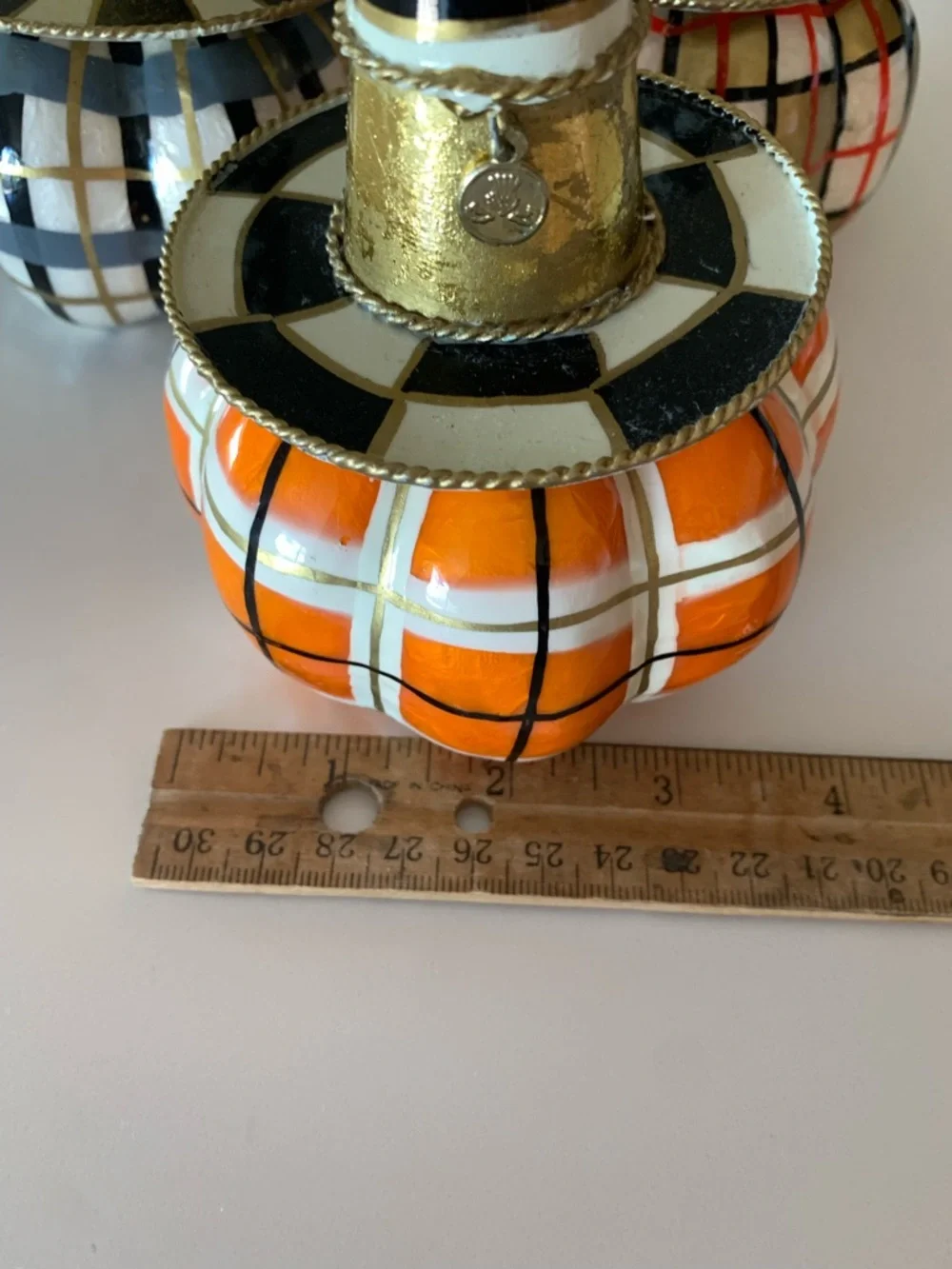 MacKenzie Childs mini pumpkin trio with witch hats